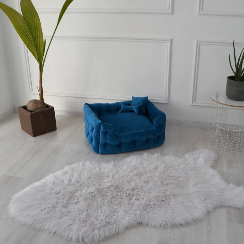 Luxurious blue dog bed for dogs of different breeds