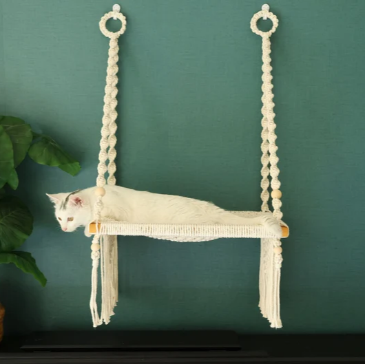 Macrame Cat wall furniture/wall bed, Handwoven comfy cat hammock/cat hanging house/cat swing bed for wall/window, Bohemian wall decor
