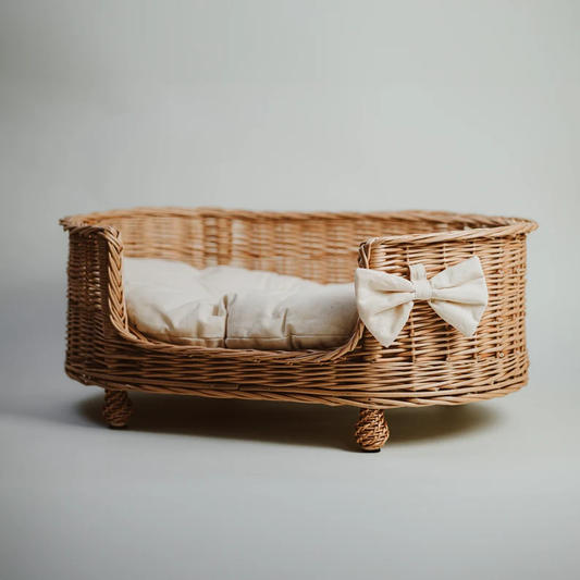 Wicker dog & cat bed, accessories for pet, ecological bed for animals, Natural wicker color with cotton cozy pillow, dog and cat home / bed
