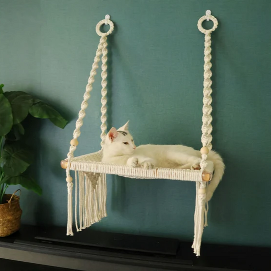 Macrame Cat wall furniture/wall bed, Handwoven comfy cat hammock/cat hanging house/cat swing bed for wall/window, Bohemian wall decor
