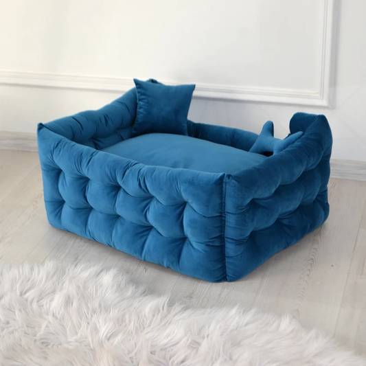 Luxurious blue dog bed for dogs of different breeds