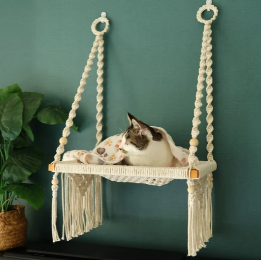 Macrame Cat wall furniture/wall bed, Handwoven comfy cat hammock/cat hanging house/cat swing bed for wall/window, Bohemian wall decor