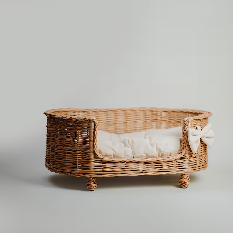 Wicker dog & cat bed, accessories for pet, ecological bed for animals, Natural wicker color with cotton cozy pillow, dog and cat home / bed