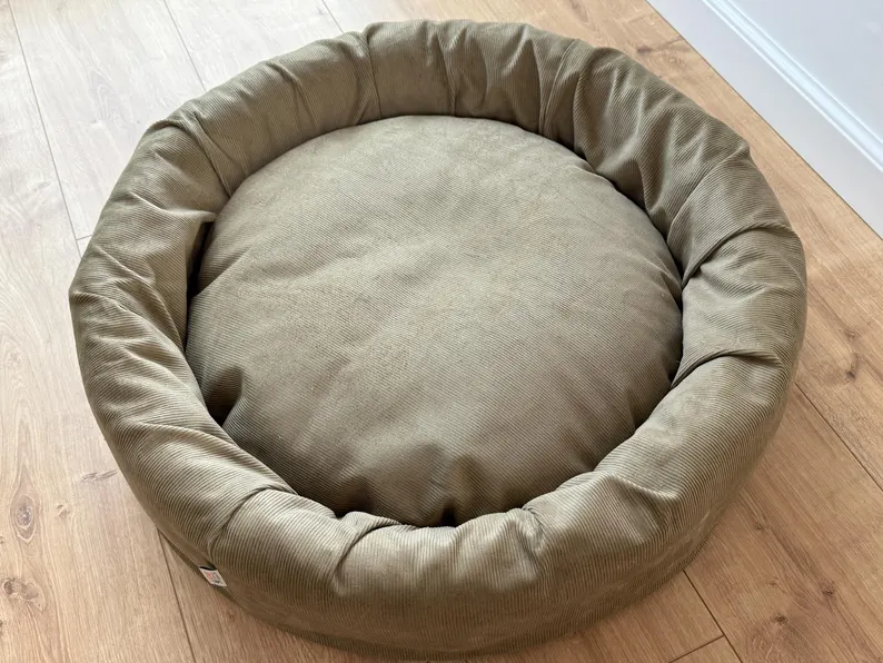 Round Hemp Cotton velvet Beige Olive Pet Bed with Removable Washable Natural velvet Cover Filled Organic Hemp Fiber house eco-friendly Gift