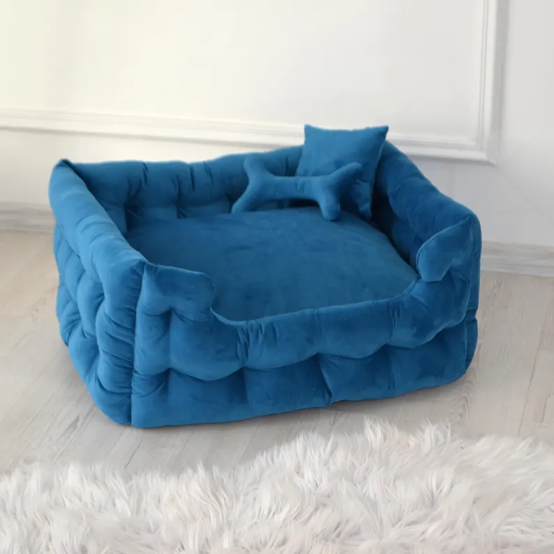 Luxurious blue dog bed for dogs of different breeds